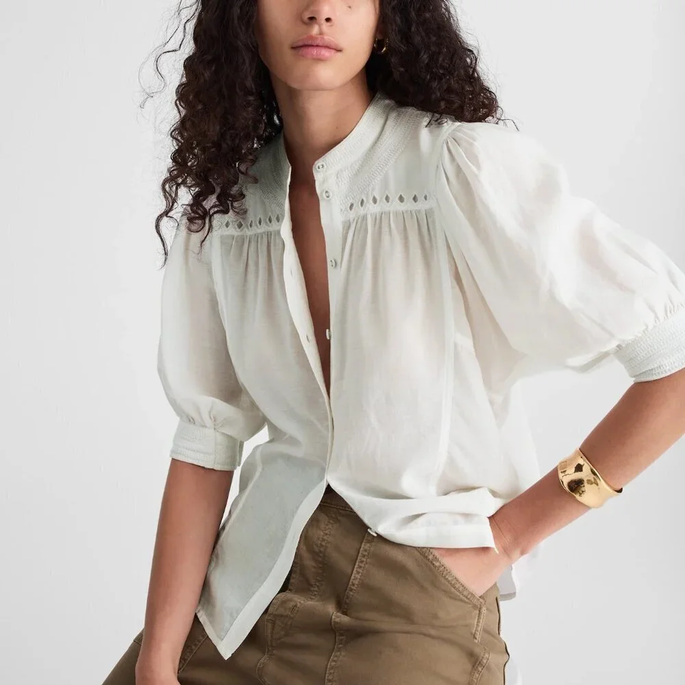 Madewell Puff-Sleeve Band-Collar Lightweight Shirt White Size 10/L NWT